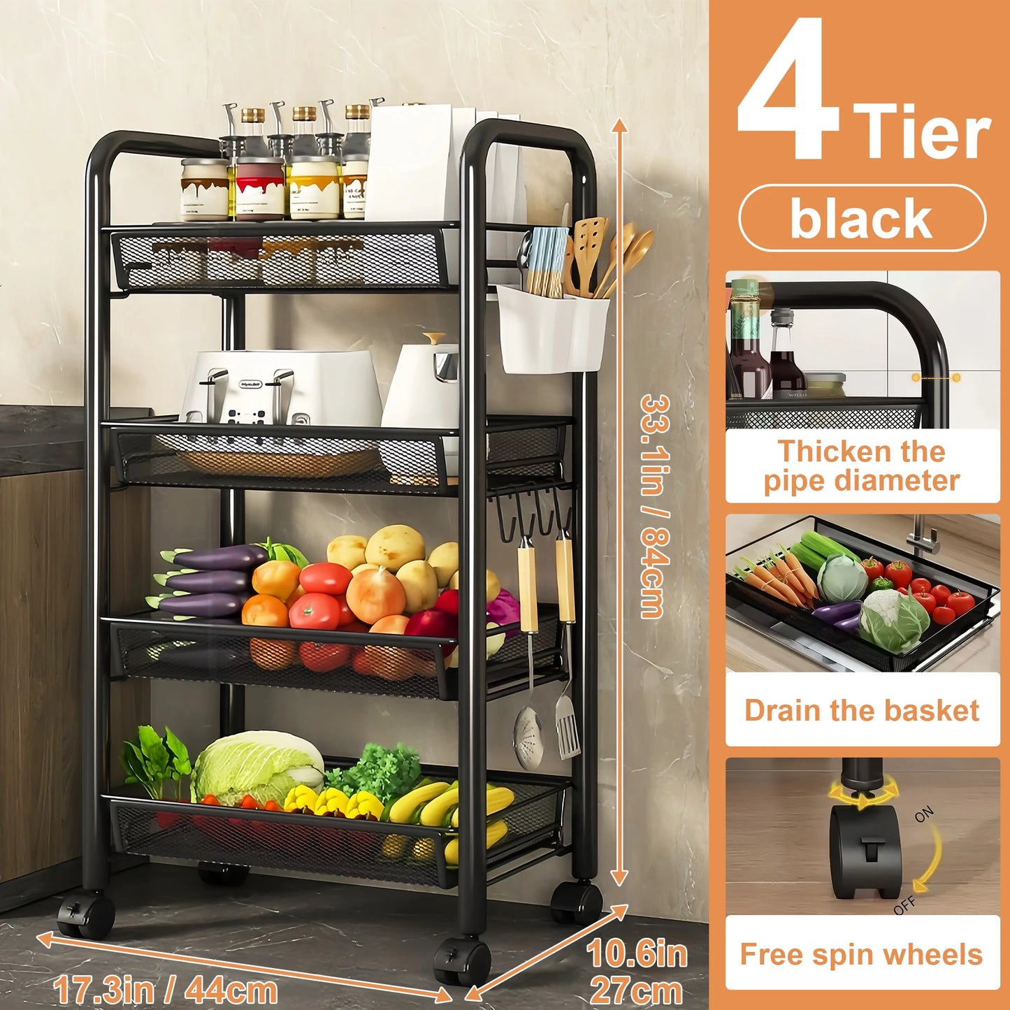 Cart With Drain Basket, Mobile Shelving Unit Rolling Utility Cart, Rolling Cart, Rolling Pantry Organizers, Kitchen Organizer,