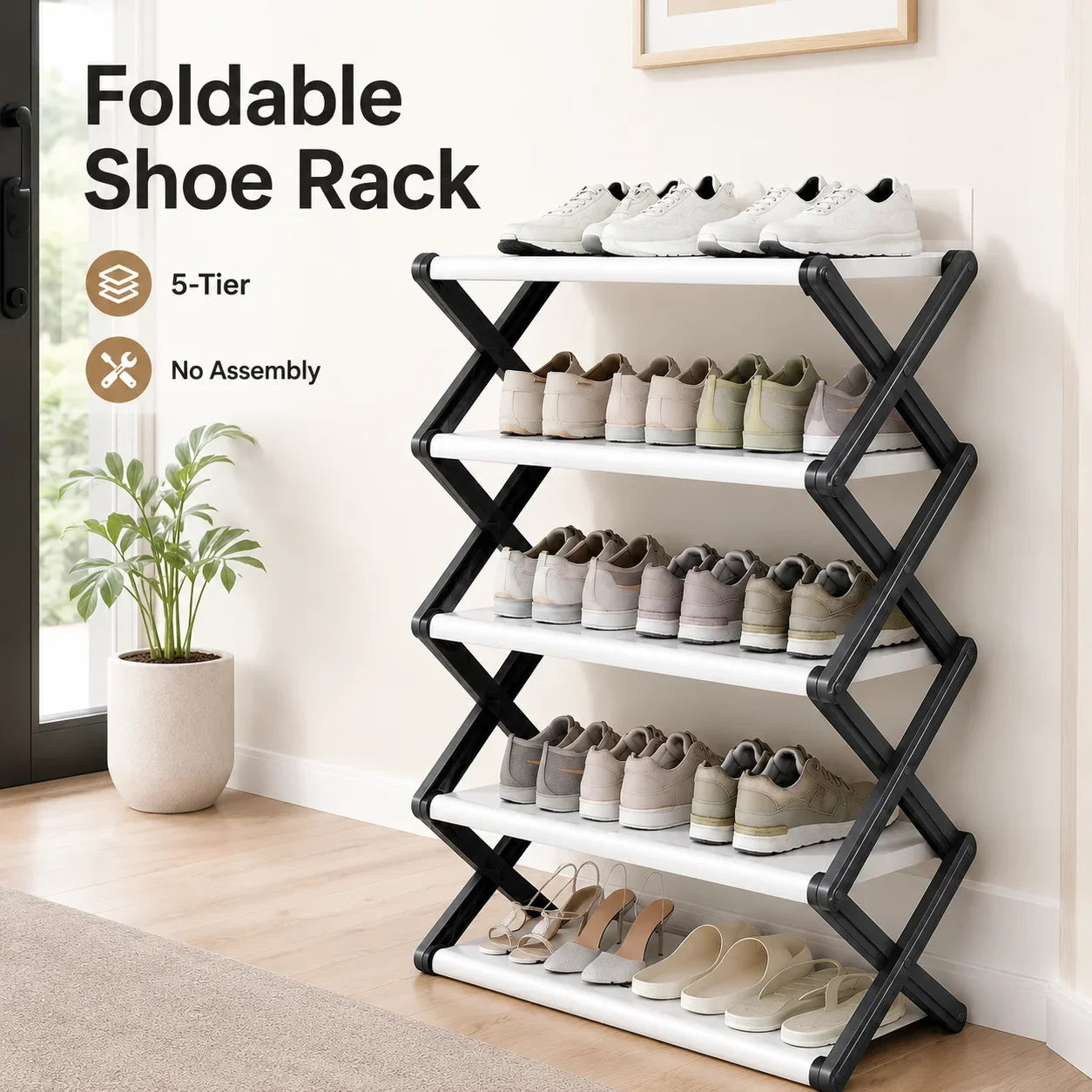 Joybos Foldable Shoe Rack, Space-Saving Entryway Shoe Organizer with Stable X-Frame, PP Shelves & Steel Tubes, No Assembly Needed