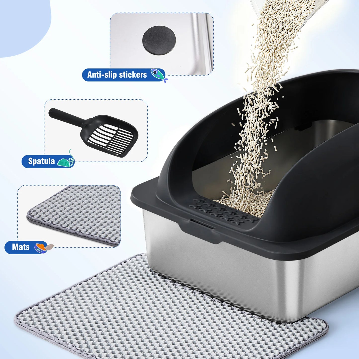 Stainless Steel Cat Litter Box With Lid Scoop And Mat
