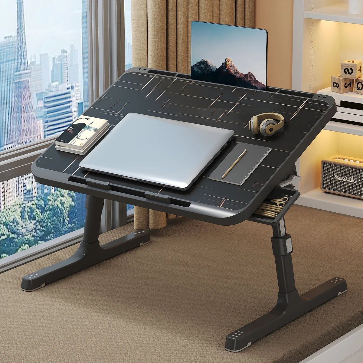 Laptop Tray, Multi-purpose Premium Lapdesk, Height Angle Adjustable, Drawer, Tablet Slot, for Eating, Working, Writing, Gaming,