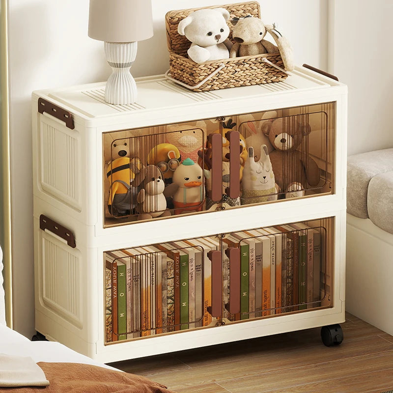 Foldable storage cabinet - movable multi-level double-door storage cabinet - living room and kitchen transparent storage box