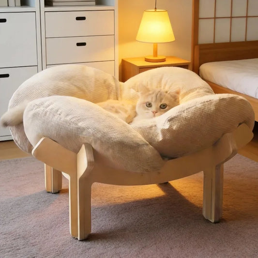 Three-Color Wooden High Leg Cat Bed With Soft Cushion