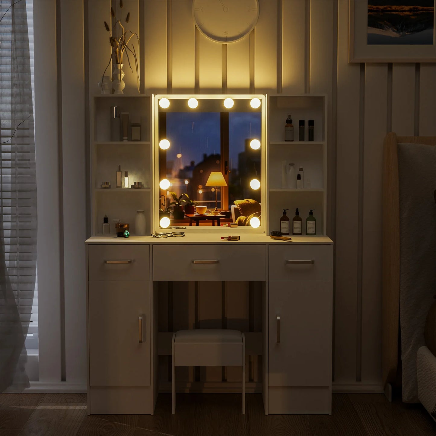Modern LED Vanity Table Set with Mirror & Stool 3 Color Dimmable Makeup Cabinet 3 Drawer Storage Dresser Desk for Bedroom
