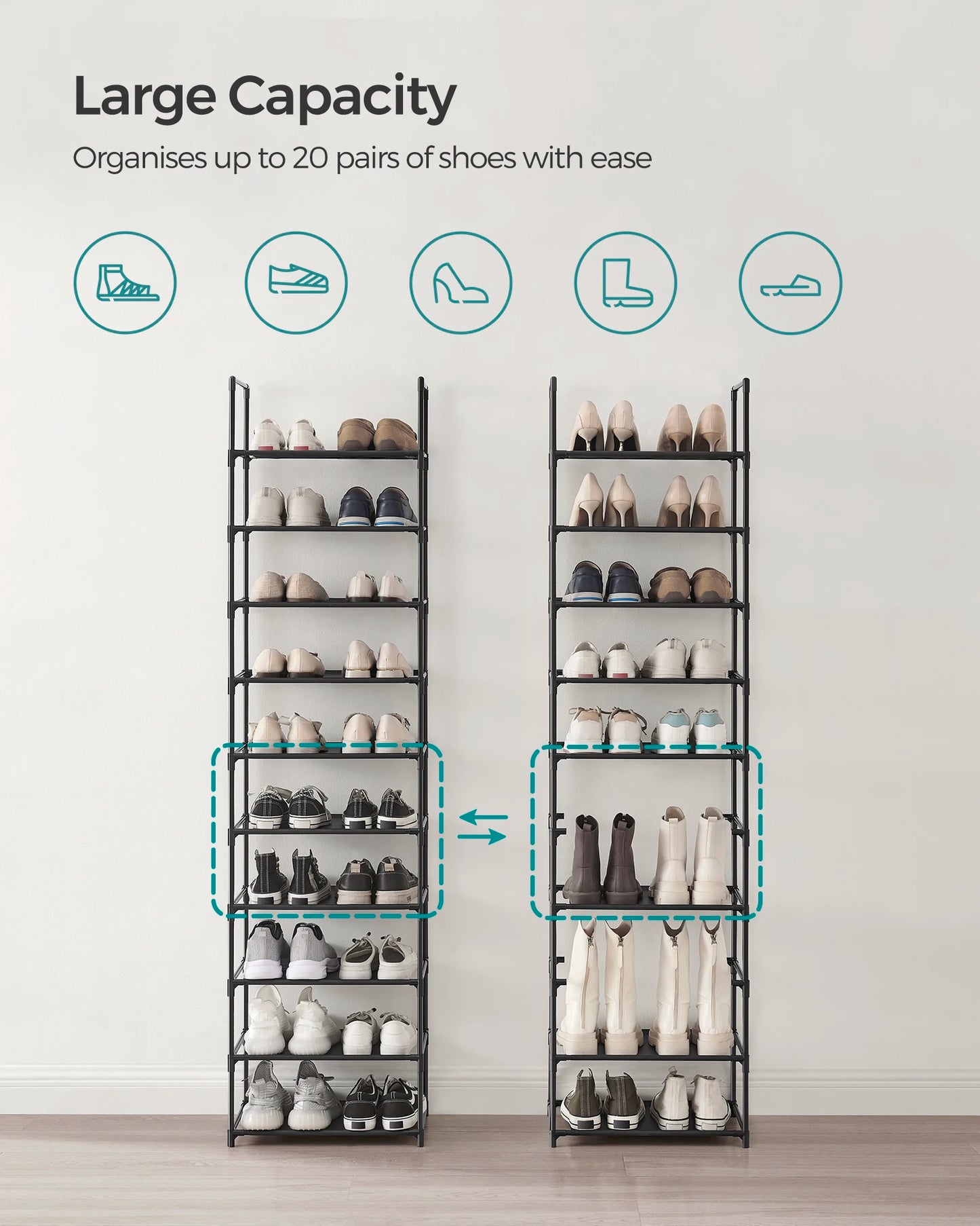 SONGMICS Shoe Rack, 10-Tier Shoe Shelf, Shoe Storage Organizer, 11 x 17.7 x 68 Inches, Metal Frame, Non-Woven Fabric Shelves, fo