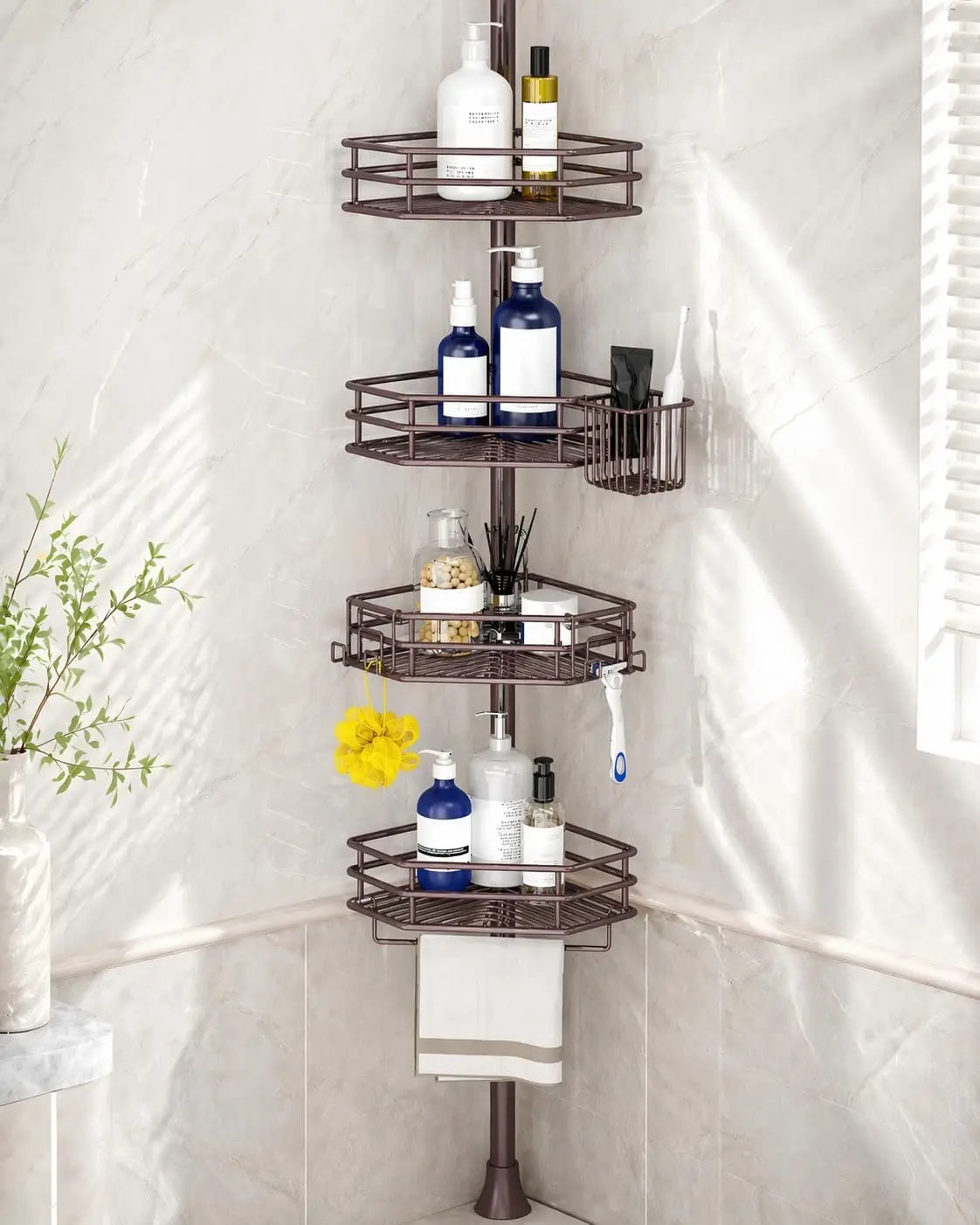 Corner Shower Caddy Tension Pole, Quick Setup Rust-Free Organizer for Bathroom Shampoo Storage, 4-Tier Adjustable Shelf Drill