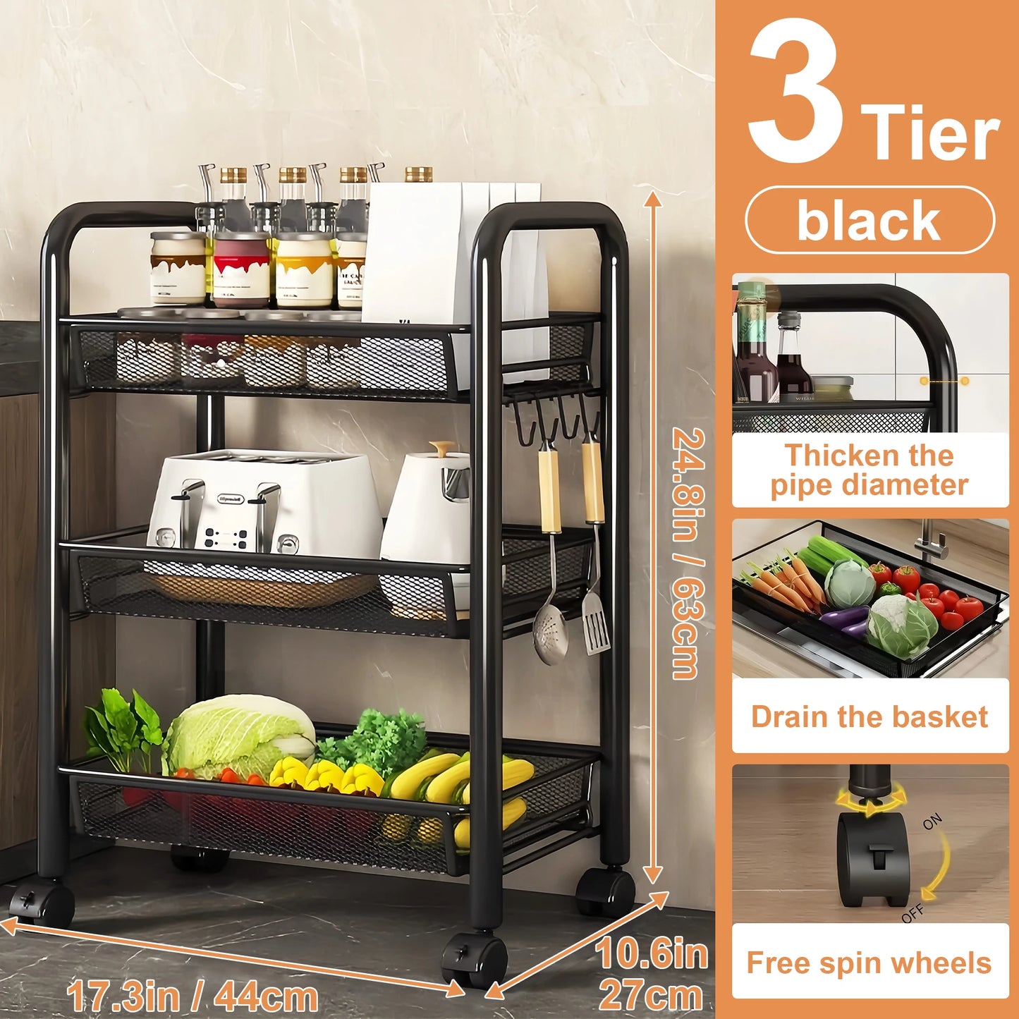 Cart With Drain Basket, Mobile Shelving Unit Rolling Utility Cart, Rolling Cart, Rolling Pantry Organizers, Kitchen Organizer,
