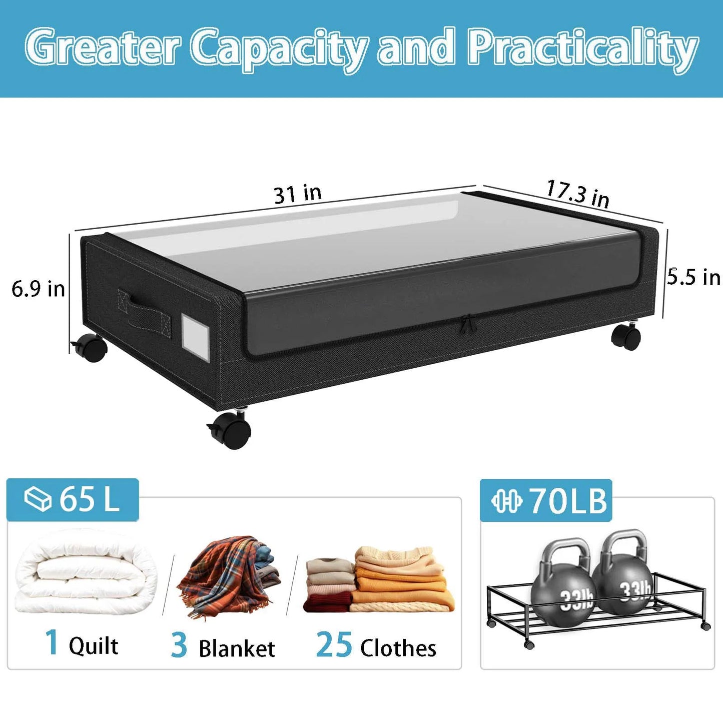 Under Bed Storage With Wheels, 2-Pack 48L Each Under The Bed Storage Containers With Clear Lids & Label, Underbed Storage Bins
