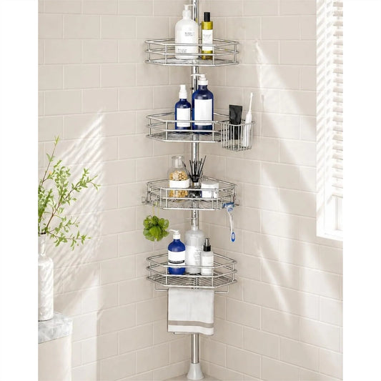 Corner Shower Caddy Tension Pole, Quick Setup Rust-Free Organizer for Bathroom Shampoo Storage, 4-Tier Adjustable Shelf Drill