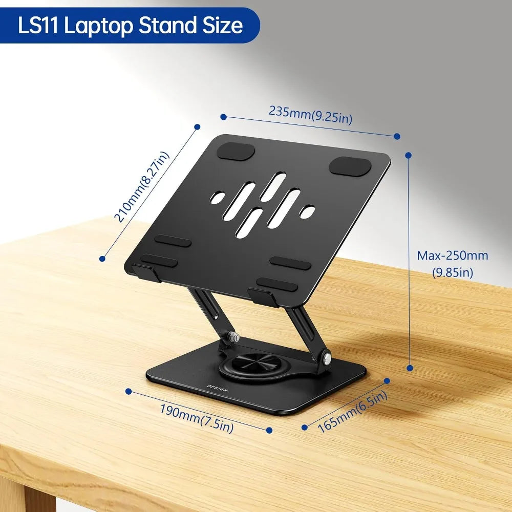360° Rotating Laptop Stand, Ergonomic Adjustable Notebook Riser, Foldable Holder for 10-14" Laptops, Black