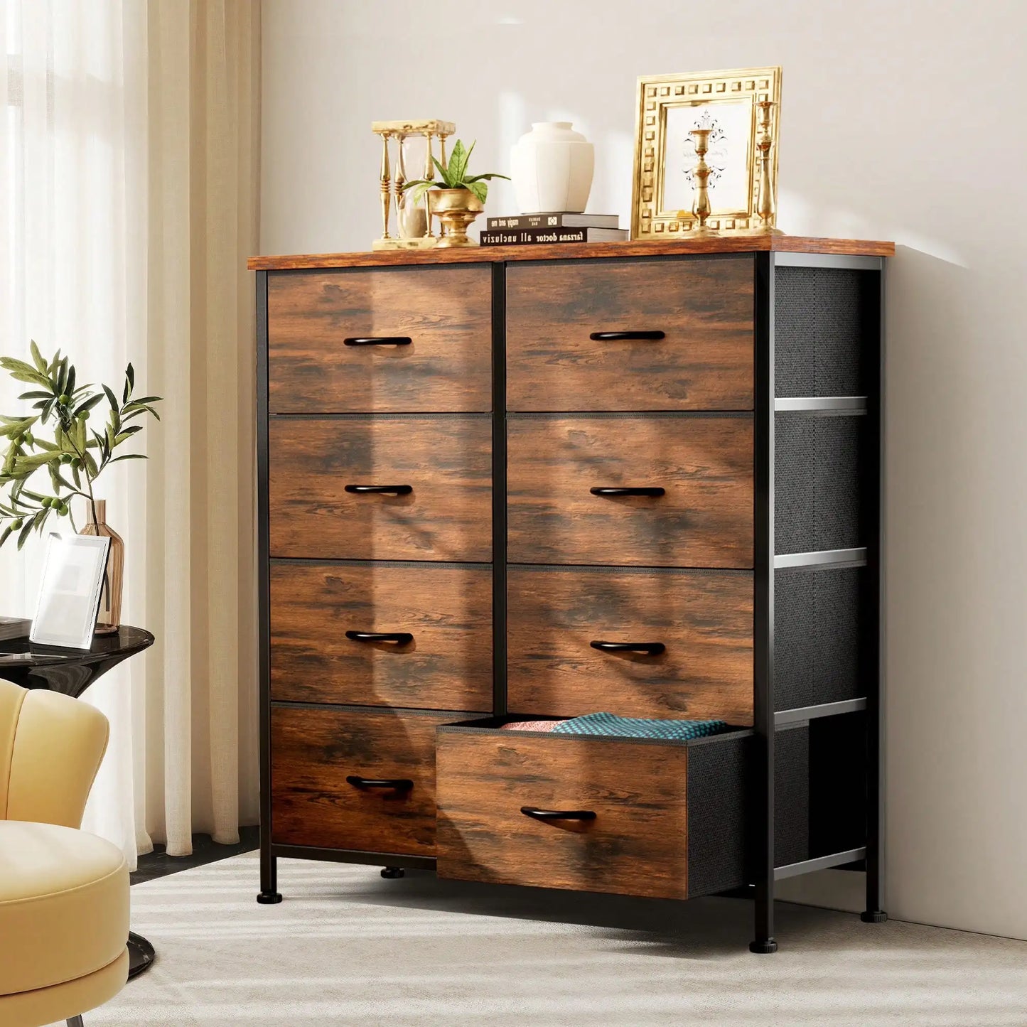 Dresser For Bedroom, Dressers & Chests Of Drawers Dresser Organizer, Wood Top Table Furniture With 8 Fabric Storage Tower