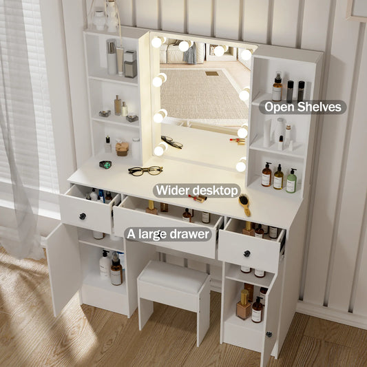 Modern LED Vanity Table Set with Mirror & Stool 3 Color Dimmable Makeup Cabinet 3 Drawer Storage Dresser Desk for Bedroom