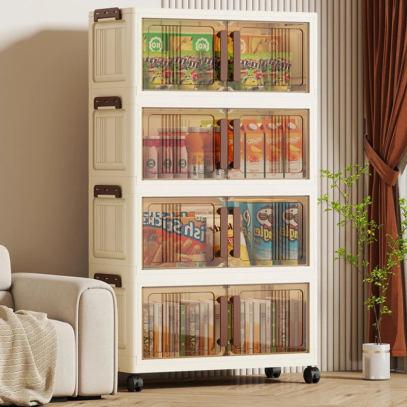 Foldable storage cabinet - movable multi-level double-door storage cabinet - living room and kitchen transparent storage box