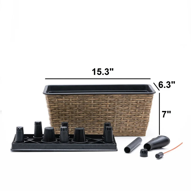 Smart Self-Watering Rectangle Planter 2-Pack, Handwoven Wicker, Brown, Indoor Outdoor Use
