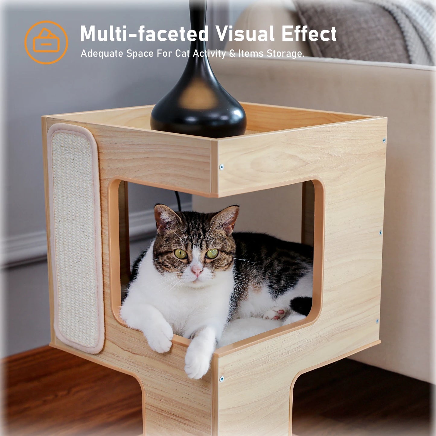 PAWZ Road Wood Cat Condo House Bed With Scratching Pad