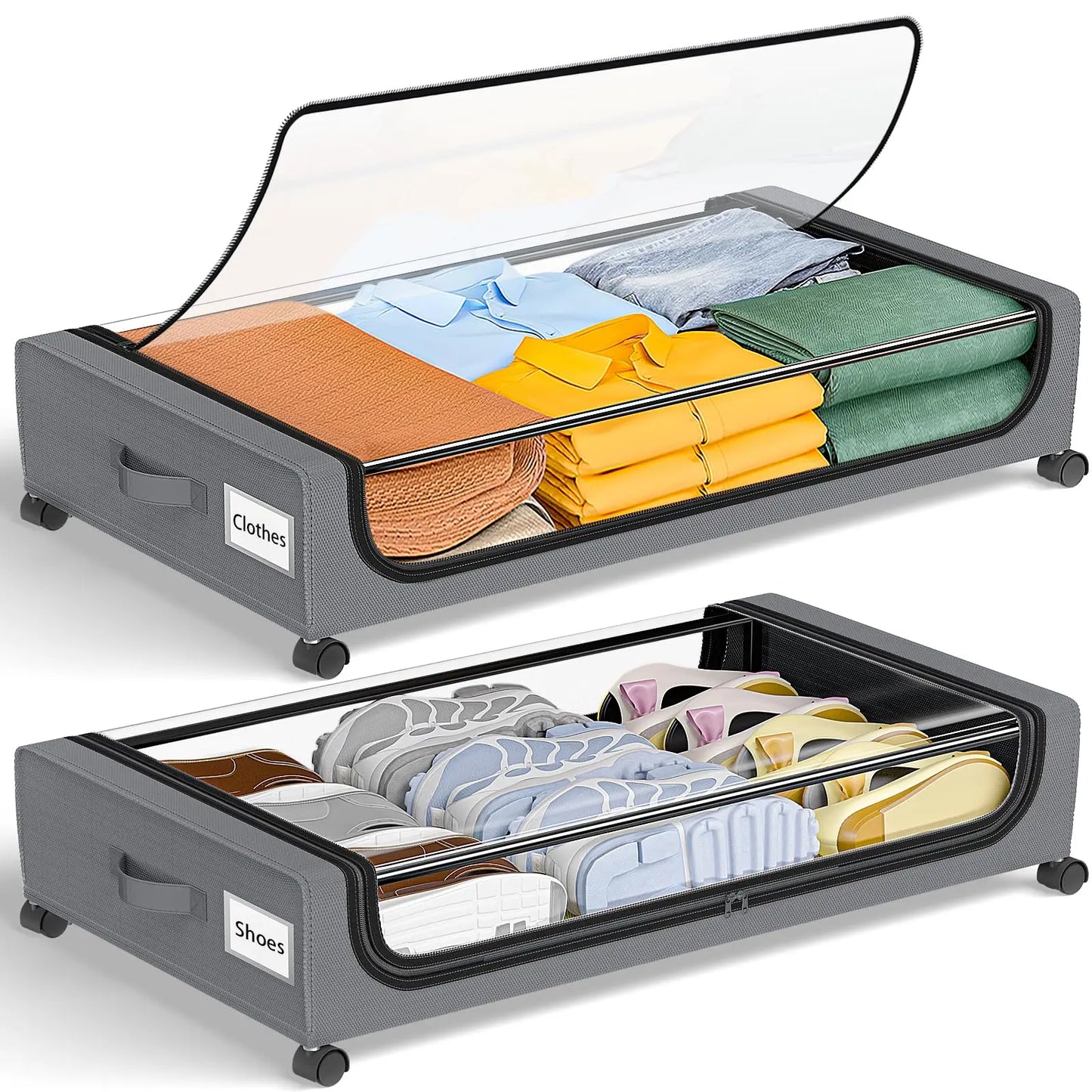Under Bed Storage With Wheels, 2-Pack 48L Each Under The Bed Storage Containers With Clear Lids & Label, Underbed Storage Bins