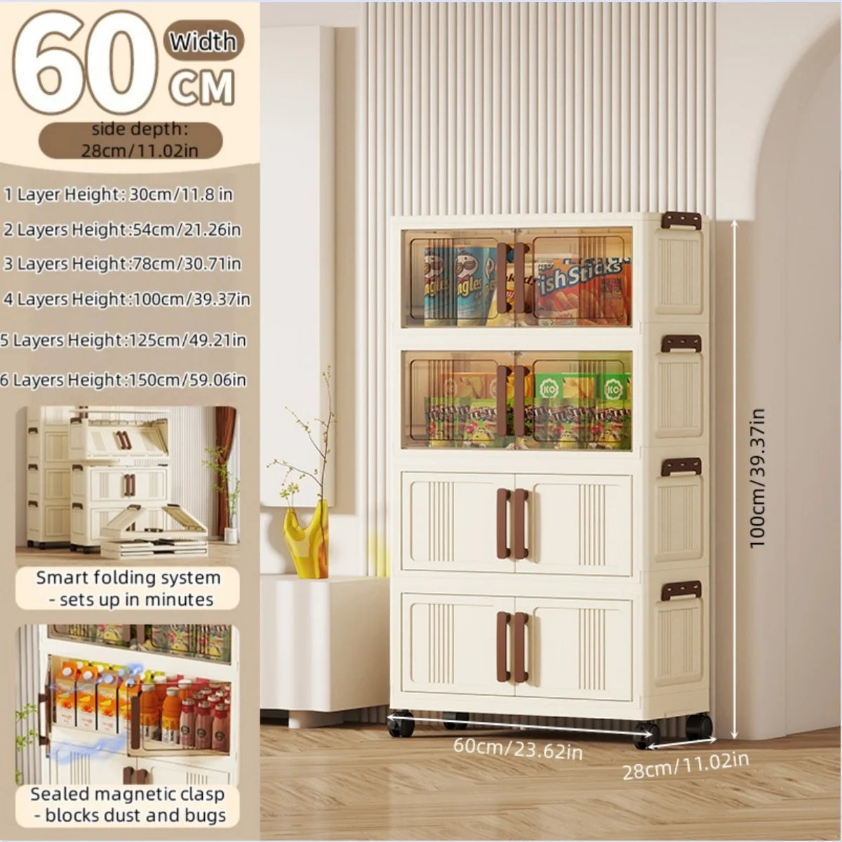 Foldable storage cabinet - movable multi-level double-door storage cabinet - living room and kitchen transparent storage box