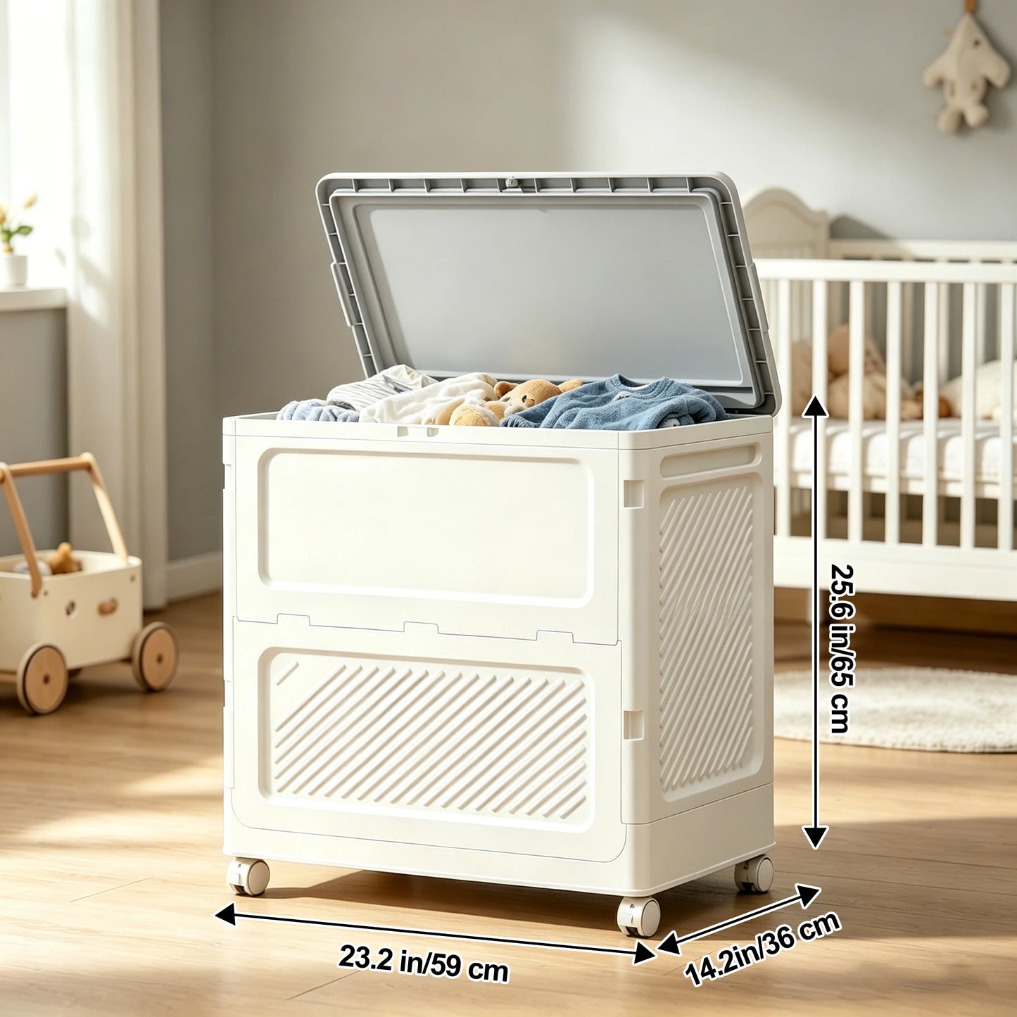 White Foldable Storage Bin with Wheels, Large Capacity Stackable Storage Box with Lid for Clothes, Toys, Blankets