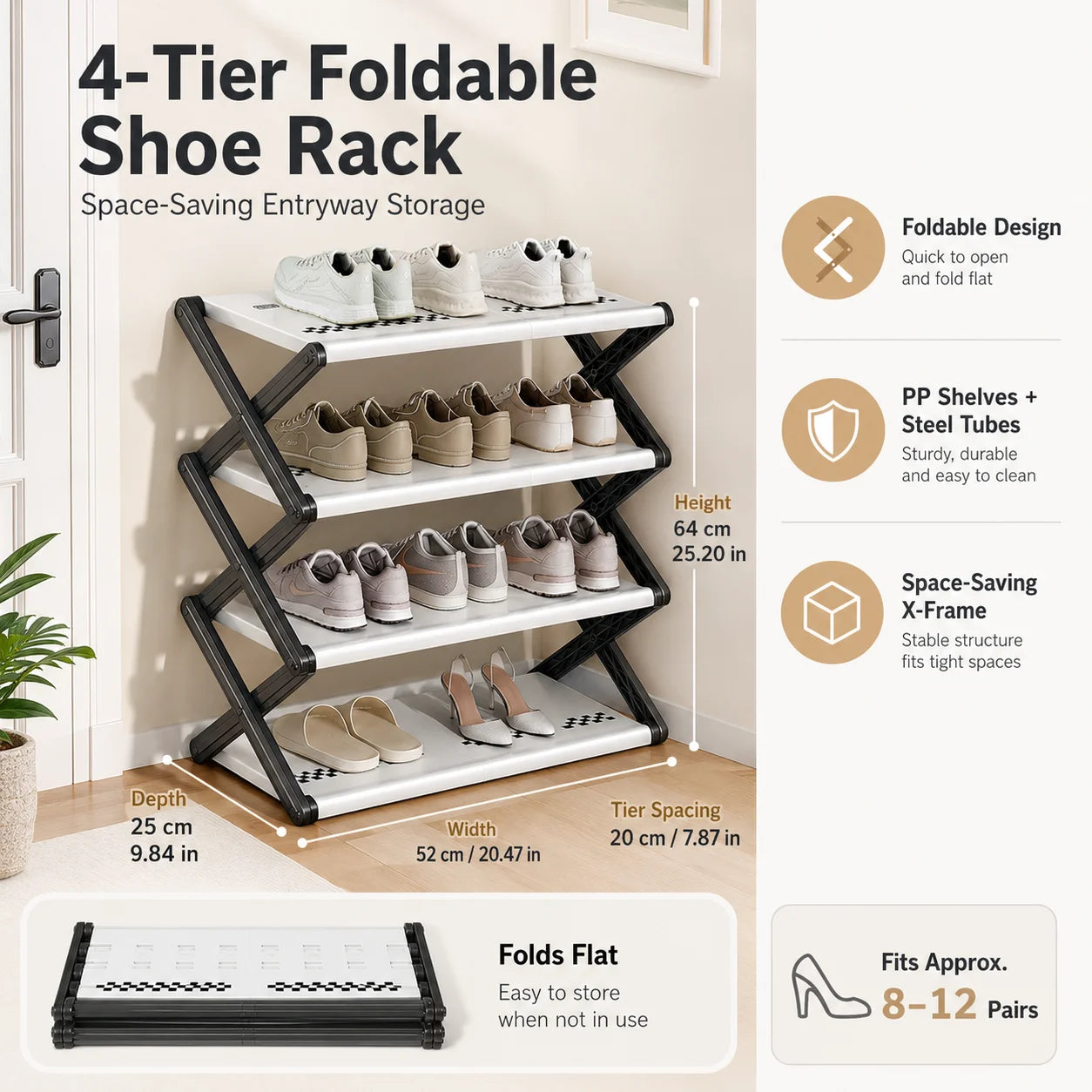 Joybos Foldable Shoe Rack, Space-Saving Entryway Shoe Organizer with Stable X-Frame, PP Shelves & Steel Tubes, No Assembly Needed