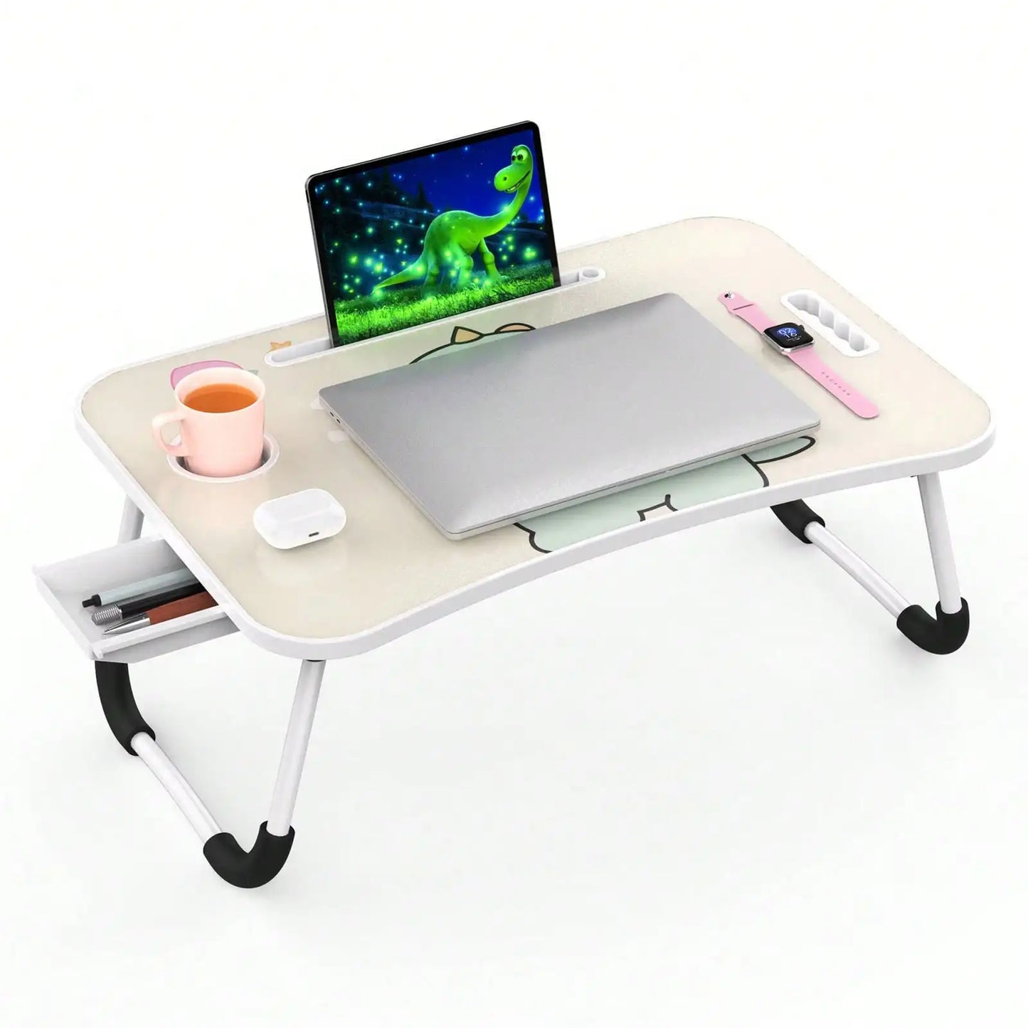 Folding Laptop Lap Desk With Side Storage Drawer Portable Ergonomic Bed Tray Lightweight Lap Table For Bedroom Study Reading Breakfast Outdoor Picnic Indoor Office Multi Purpose Use
