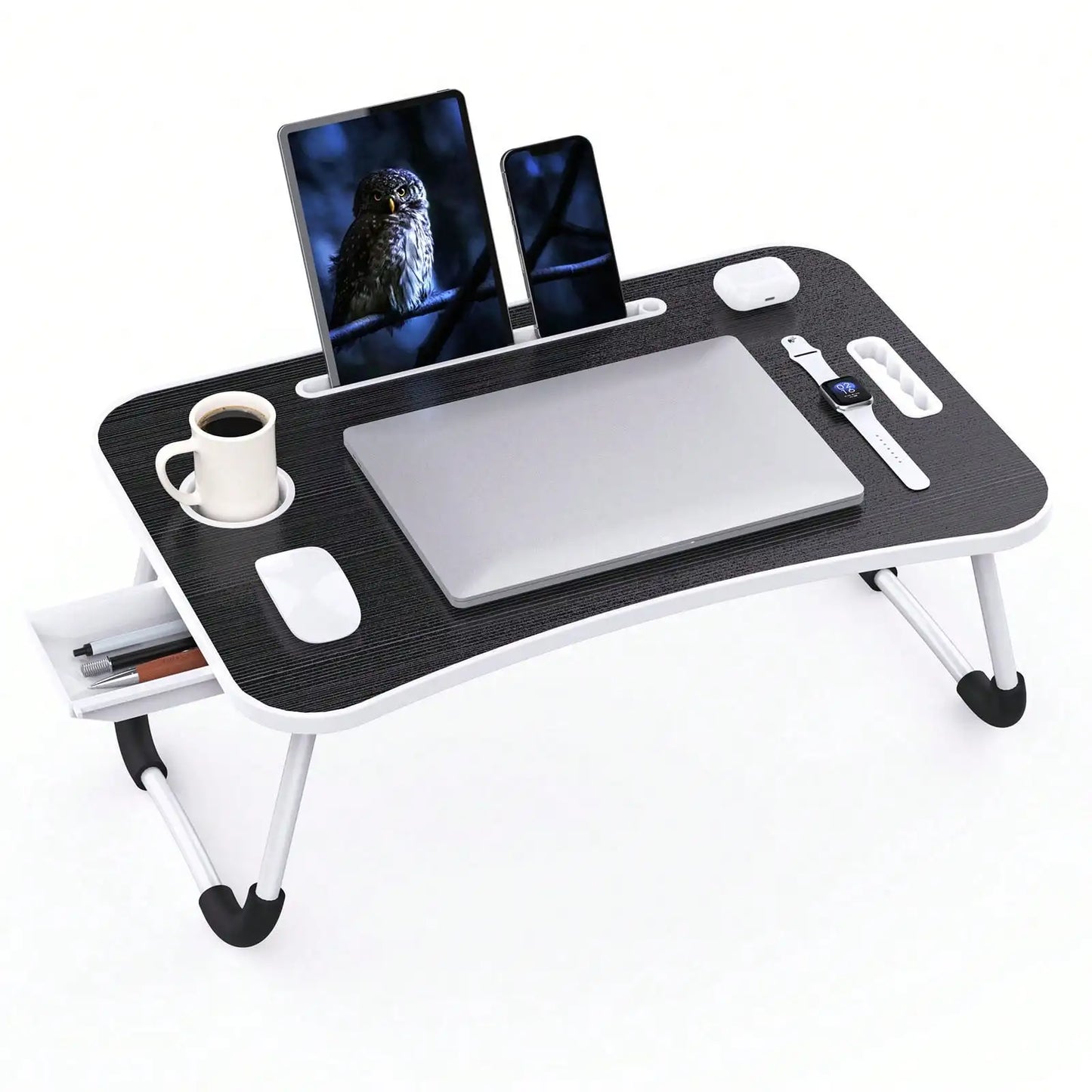 Folding Laptop Lap Desk With Side Storage Drawer Portable Ergonomic Bed Tray Lightweight Lap Table For Bedroom Study Reading Breakfast Outdoor Picnic Indoor Office Multi Purpose Use
