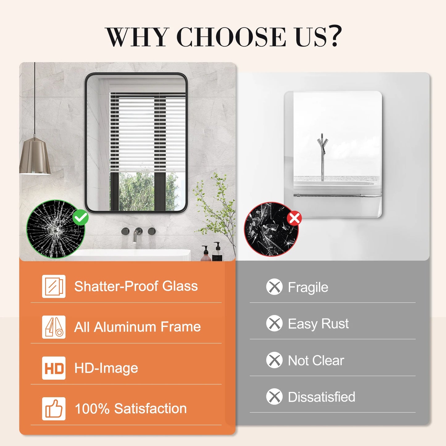 JHK Matte Metal Framed Bathroom Mirror for Wall,Vanity Rectangle Rounded Corner Tempered Glass Mirror,Clear Reflection,Modern