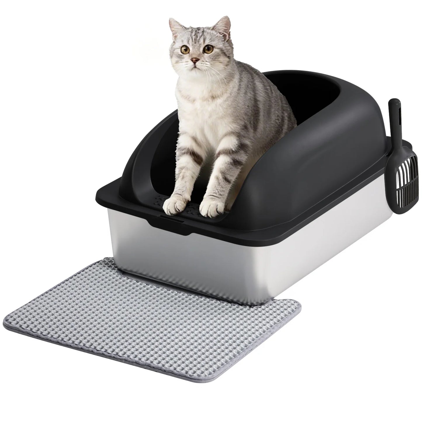 Stainless Steel Cat Litter Box With Lid Scoop And Mat