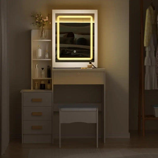 Vanity Desk with Sliding Mirror and Lights, Bedroom Dressing Table, Makeup Table with Drawers & Shelves, Hidden Storage Space