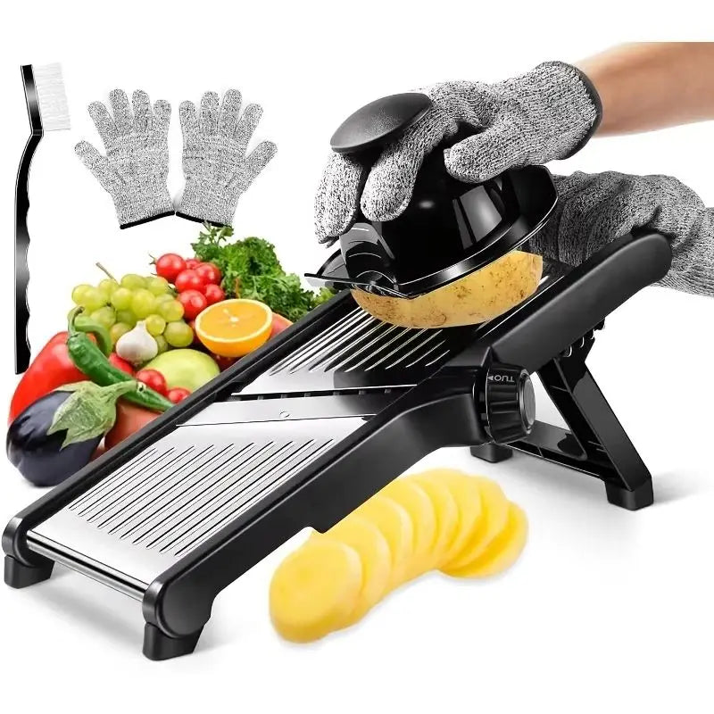 Stainless Steel Mandoline Slicer with 5 Blades & Holder - Safe Hand Guard Food Chopper for Vegetable Fruit, Easy Clean
