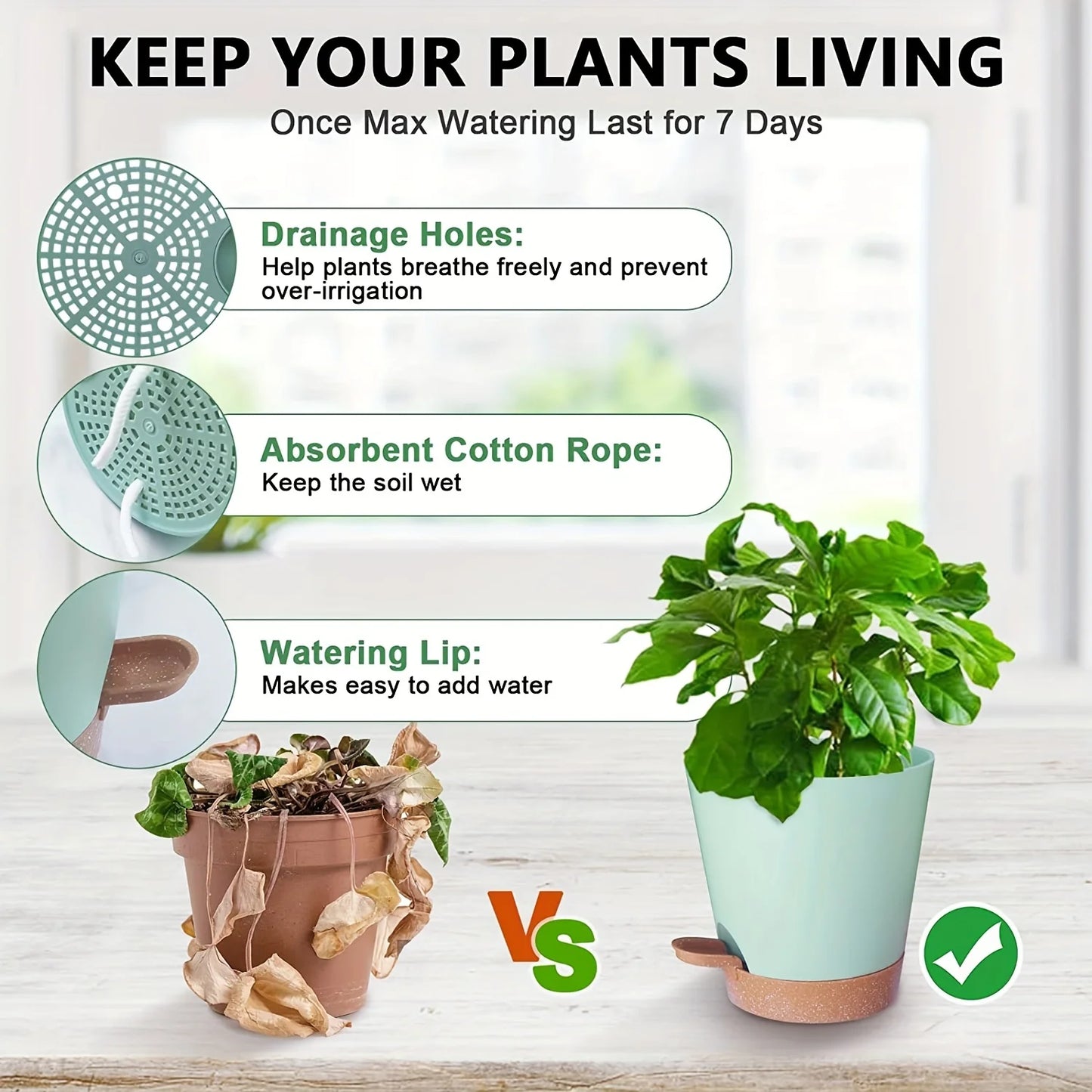 Self Watering Planters Set for Indoor Plants with Drainage Hole, Plastic Flower Pots for Succulents, African Violet - 5pcs (Gree