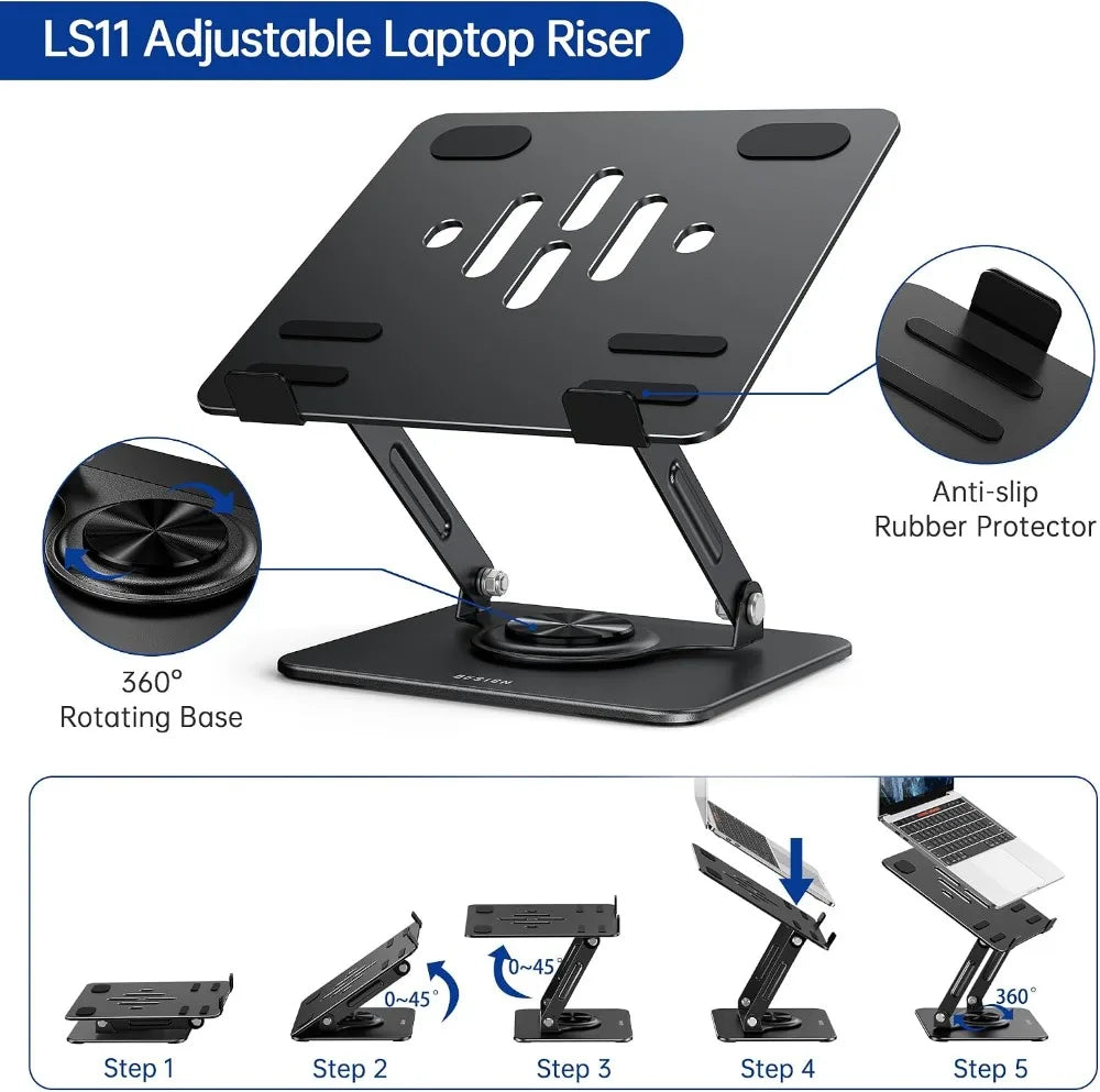 360° Rotating Laptop Stand, Ergonomic Adjustable Notebook Riser, Foldable Holder for 10-14" Laptops, Black