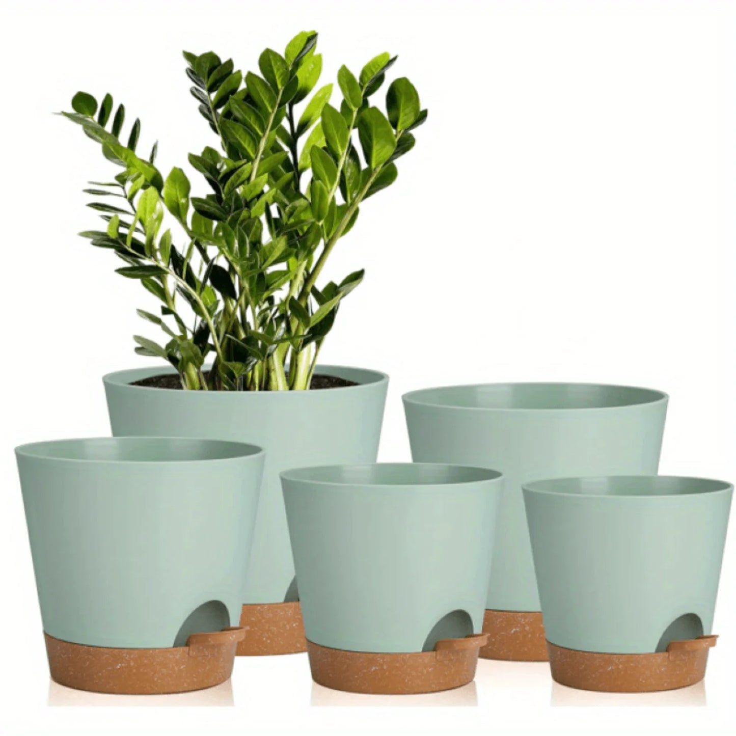 Self Watering Planters Set for Indoor Plants with Drainage Hole, Plastic Flower Pots for Succulents, African Violet - 5pcs (Gree