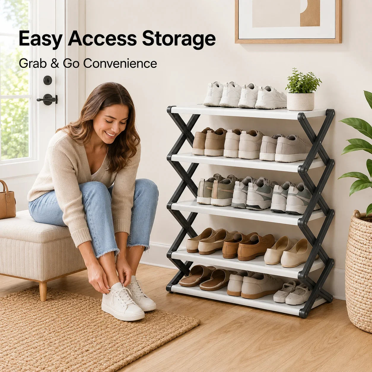 Joybos Foldable Shoe Rack, Space-Saving Entryway Shoe Organizer with Stable X-Frame, PP Shelves & Steel Tubes, No Assembly Needed