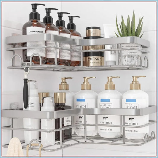 2-Pack Corner Shower Caddy, Adhesive Shelves, Rustproof Stainless Steel with 8 Hooks, No Drilling, X-Large, Silver