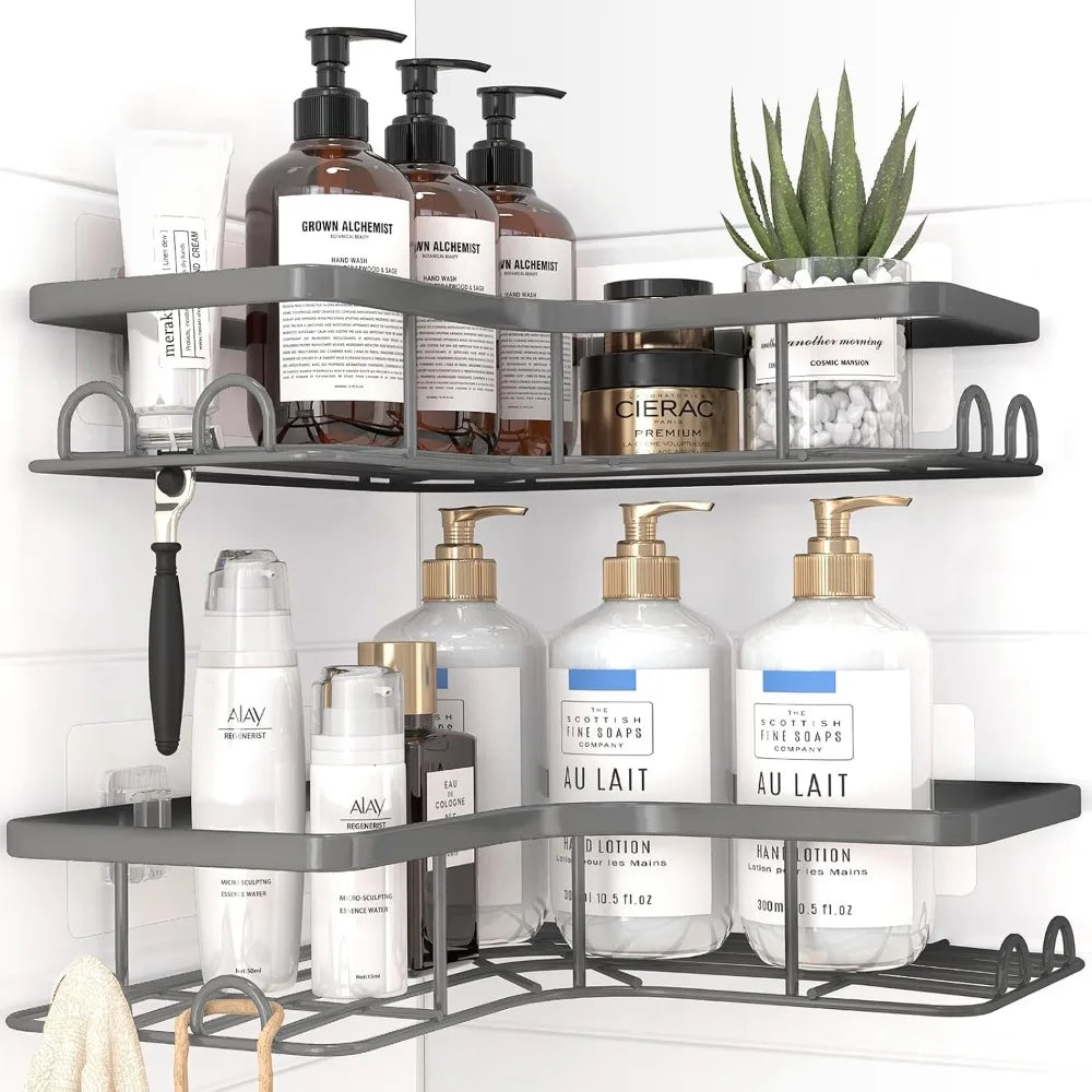 2-Pack Corner Shower Caddy, Adhesive Shelves, Rustproof Stainless Steel with 8 Hooks, No Drilling, X-Large, Silver