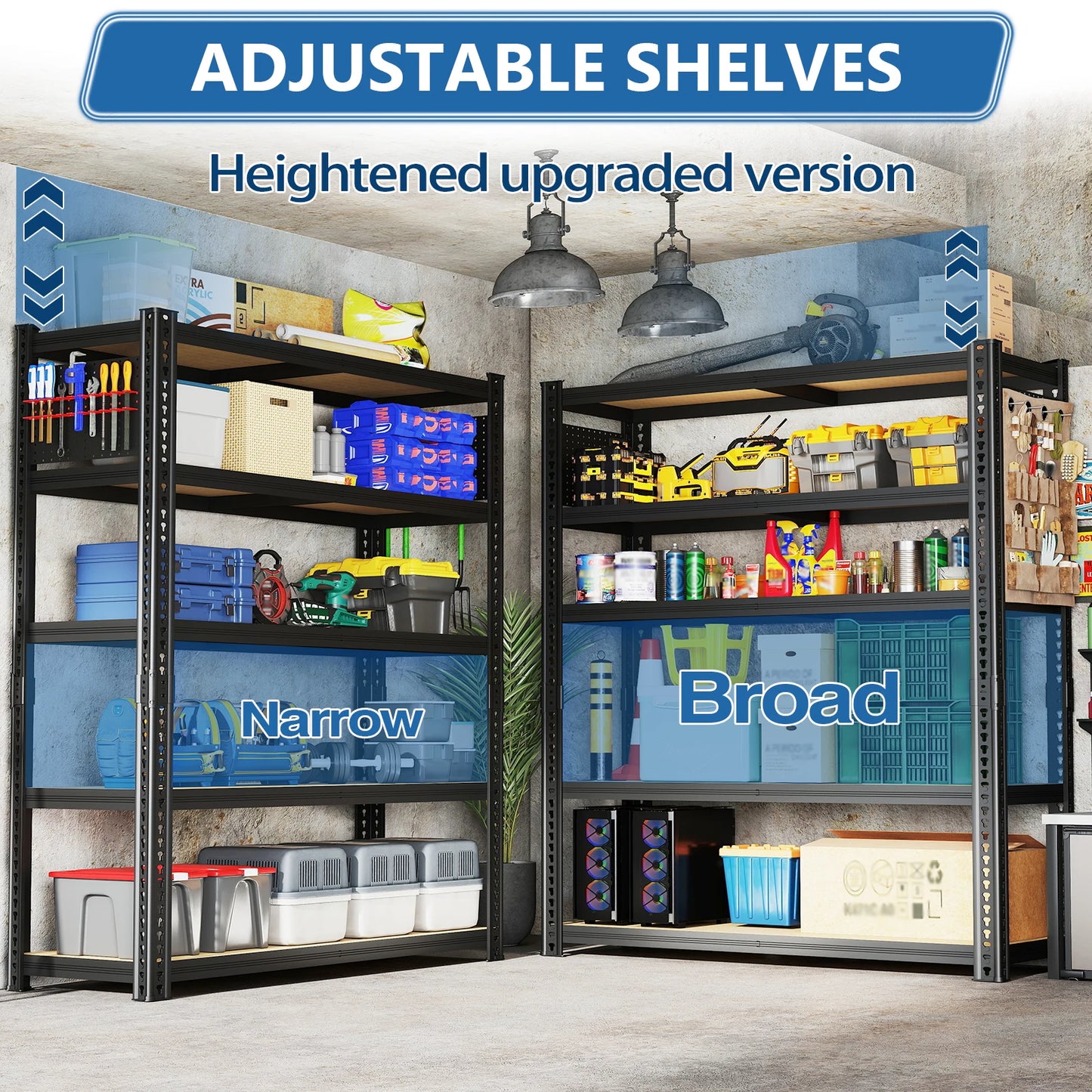 Heavy-Duty 5-Tier Adjustable Metal Shelving Unit with Pegboard Panel System - Capacity Suitable for Basement, Garage, Warehouse