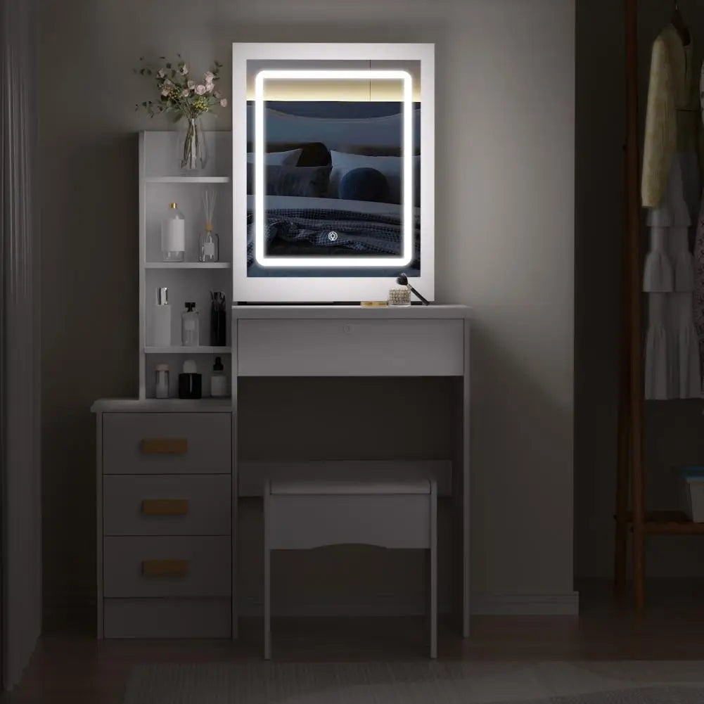 Vanity Desk with Sliding Mirror and Lights, Bedroom Dressing Table, Makeup Table with Drawers & Shelves, Hidden Storage Space