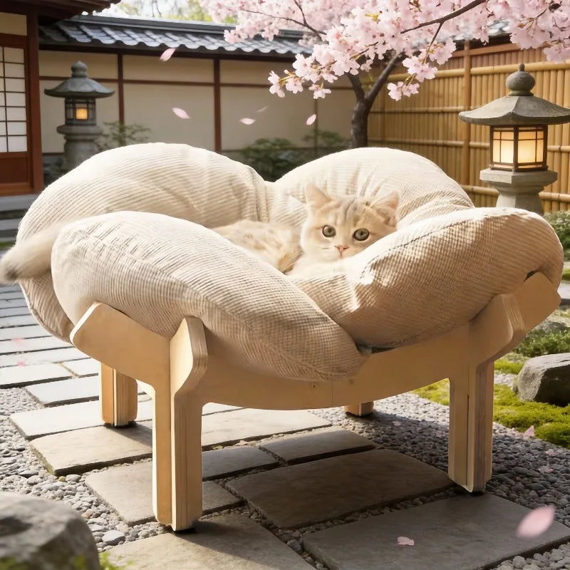 Three-Color Wooden High Leg Cat Bed With Soft Cushion