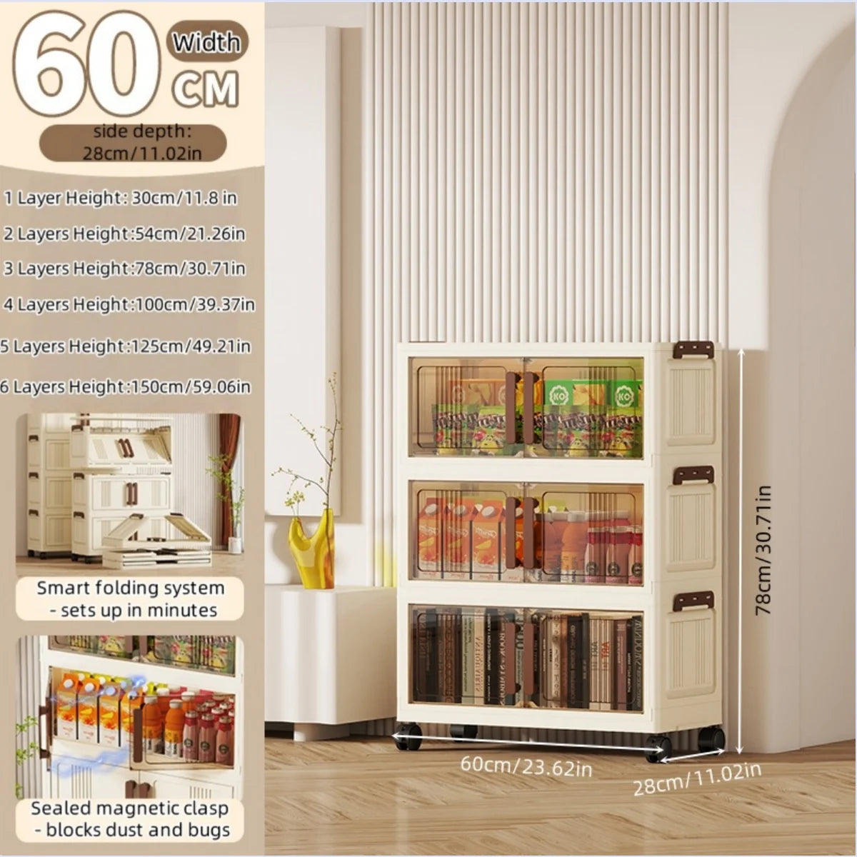 Foldable storage cabinet - movable multi-level double-door storage cabinet - living room and kitchen transparent storage box