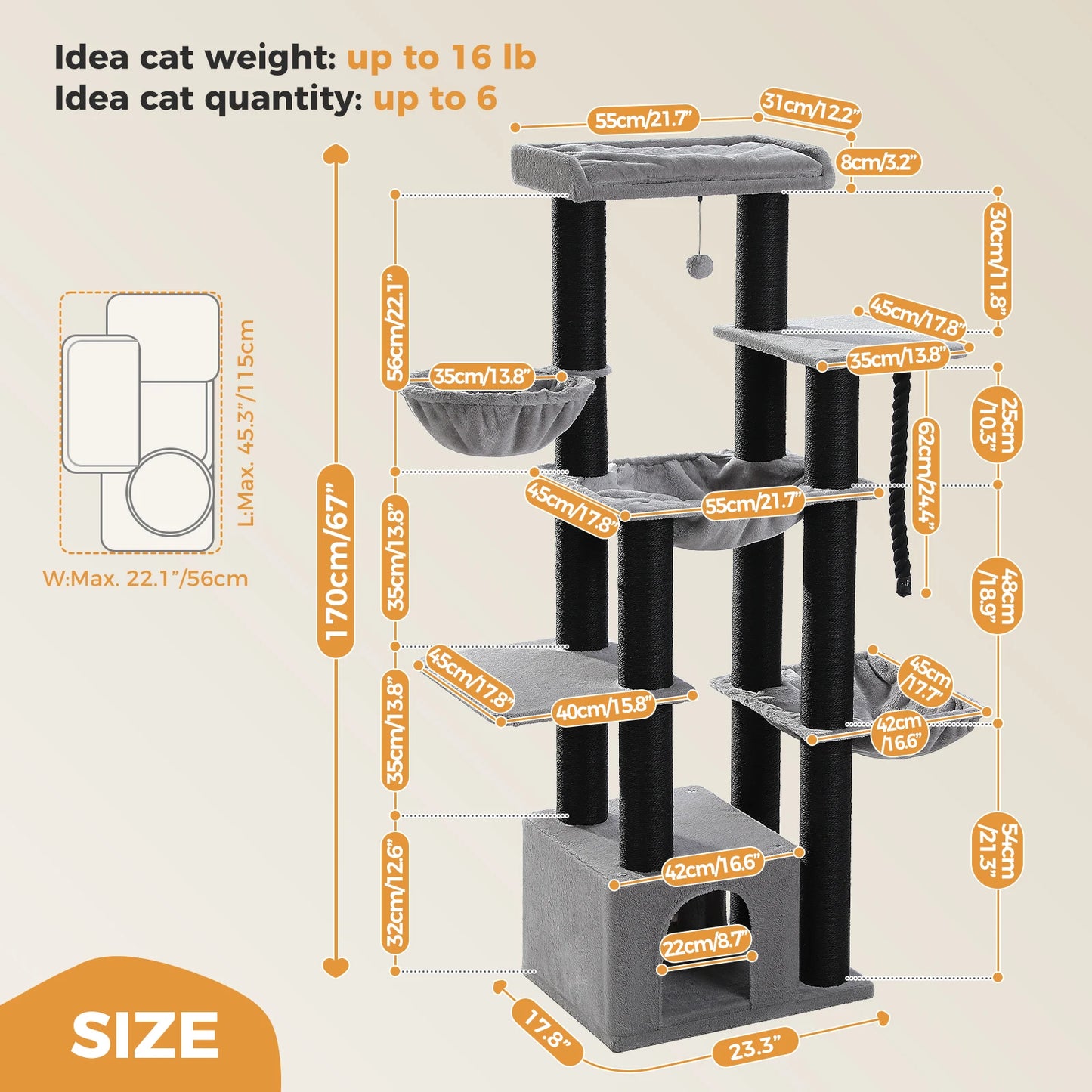Multi-Level Cat Tree with Scratching Posts, Cozy Condo, Super Large Perch, Deep Hammocks, Tall Cat Tower for Indoor Adult Cats