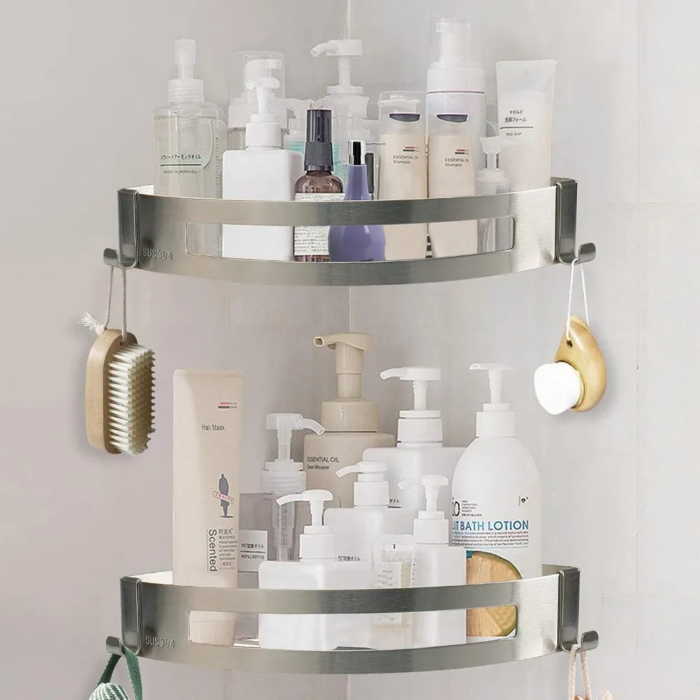 2-Pack Shower Caddy, 304 Stainless Steel Corner Shelf with Hooks, No Drill, Brushed Nickel