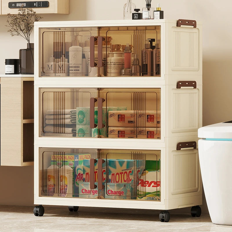 Foldable storage cabinet - movable multi-level double-door storage cabinet - living room and kitchen transparent storage box