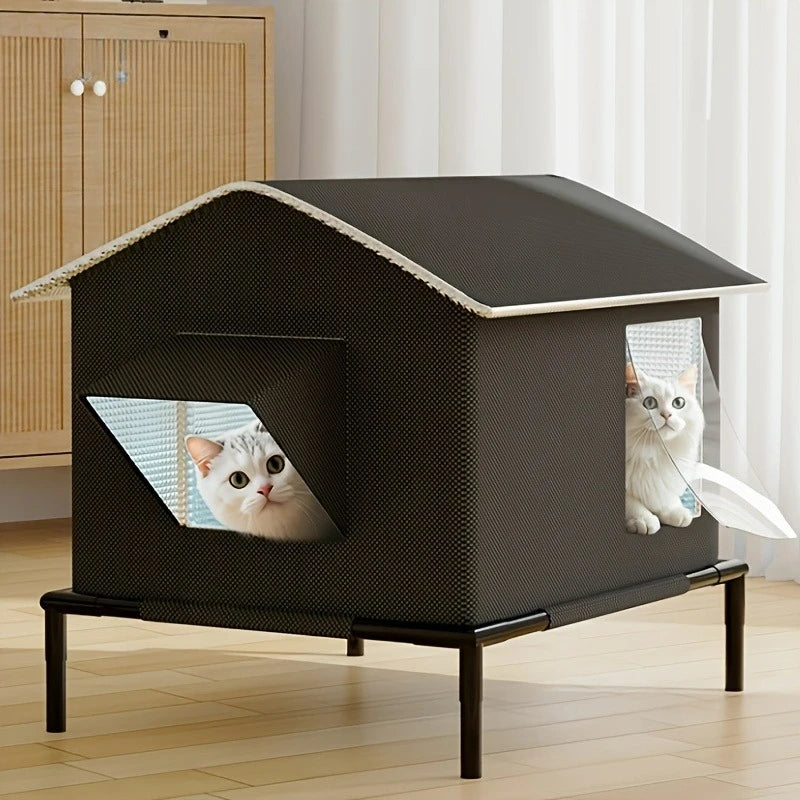 Weatherproof Outdoor Pet House with Safety Fence | Heavy-Duty Oxford Cloth Shelter for Cats & Small Dogs | All-Season Windproof