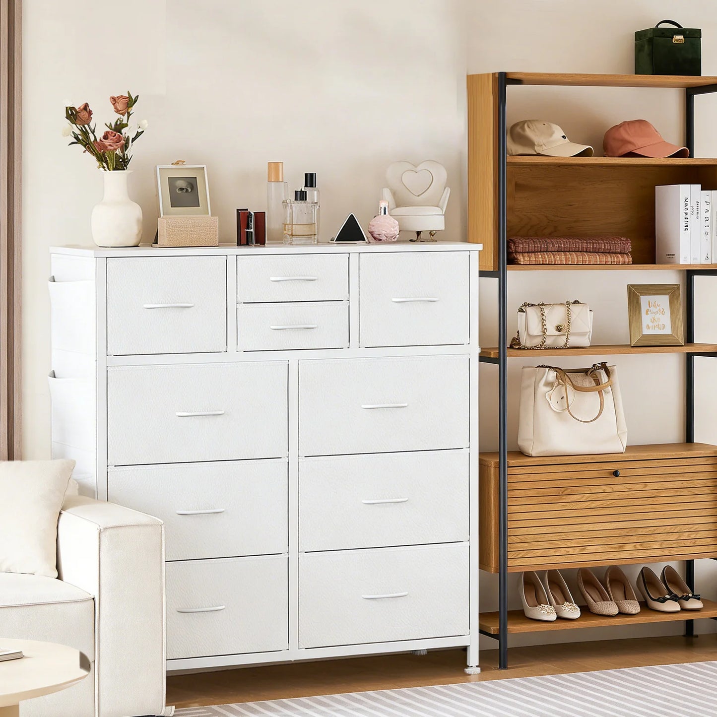 JHK Living Room 10 Fabric Drawers With Side Bag Cabinet Storage Organizer Cabinet Steel Frame Assembly Closet For Furniture