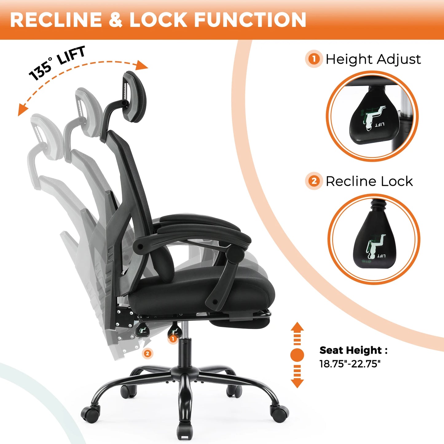 MCQ High Back Ergonomic Reclining Gaming Office Chair with Lumbar Support Pillow Mesh Swivel Rolling Rocking Computer Desk Chair