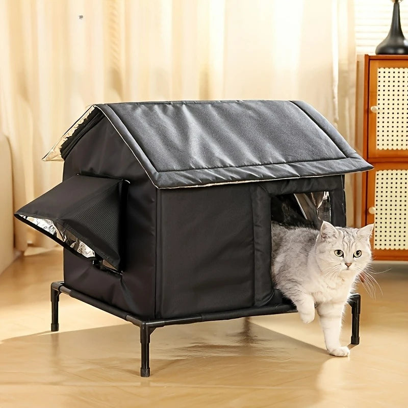 Weatherproof Outdoor Pet House with Safety Fence | Heavy-Duty Oxford Cloth Shelter for Cats & Small Dogs | All-Season Windproof
