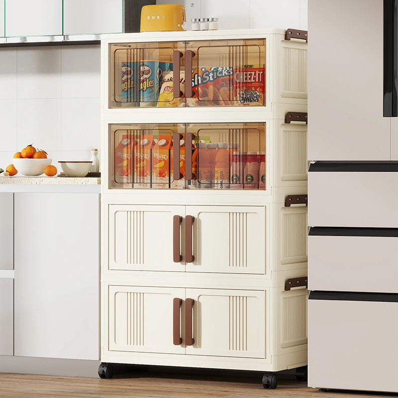 Foldable storage cabinet - movable multi-level double-door storage cabinet - living room and kitchen transparent storage box