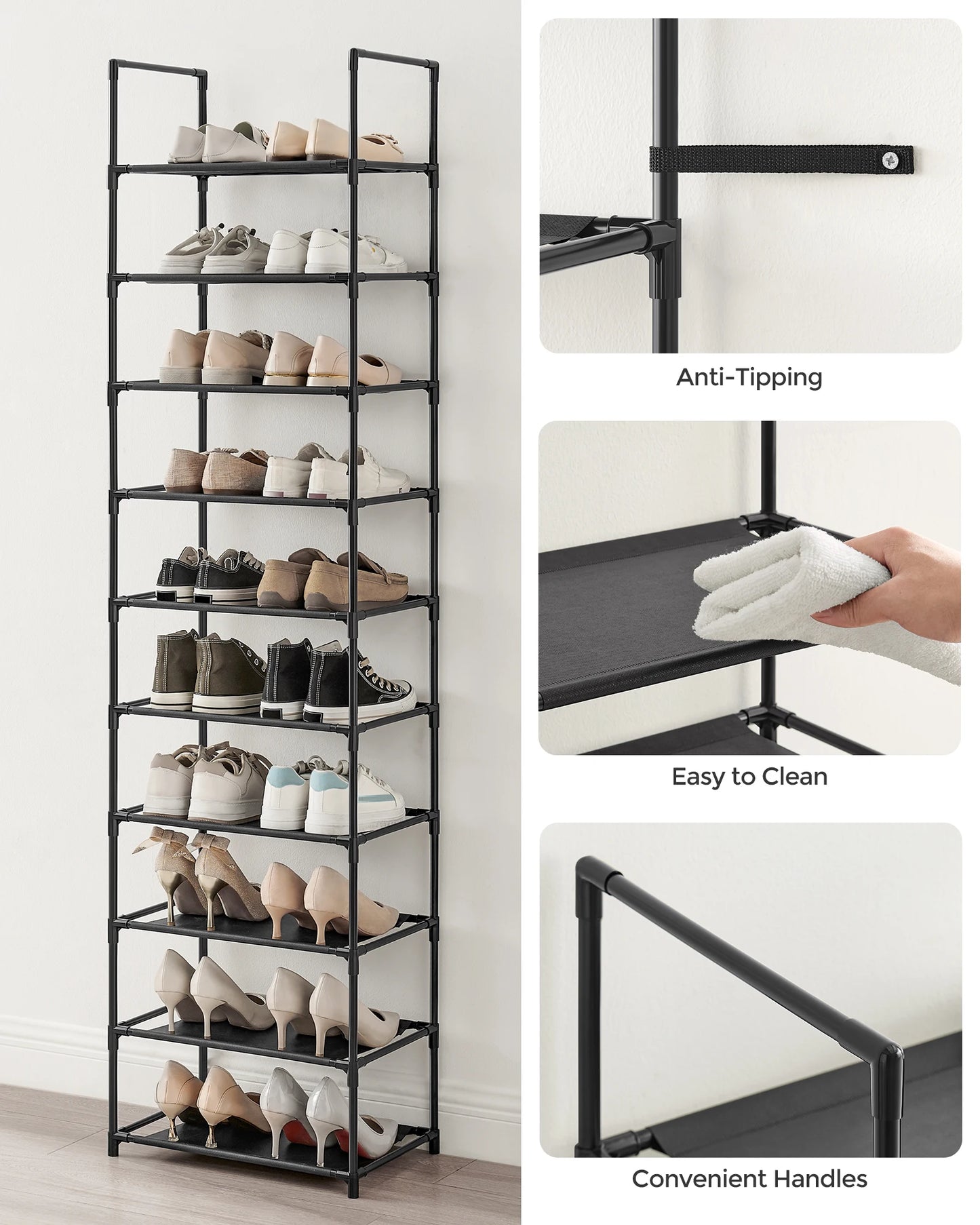 SONGMICS Shoe Rack, 10-Tier Shoe Shelf, Shoe Storage Organizer, 11 x 17.7 x 68 Inches, Metal Frame, Non-Woven Fabric Shelves, fo