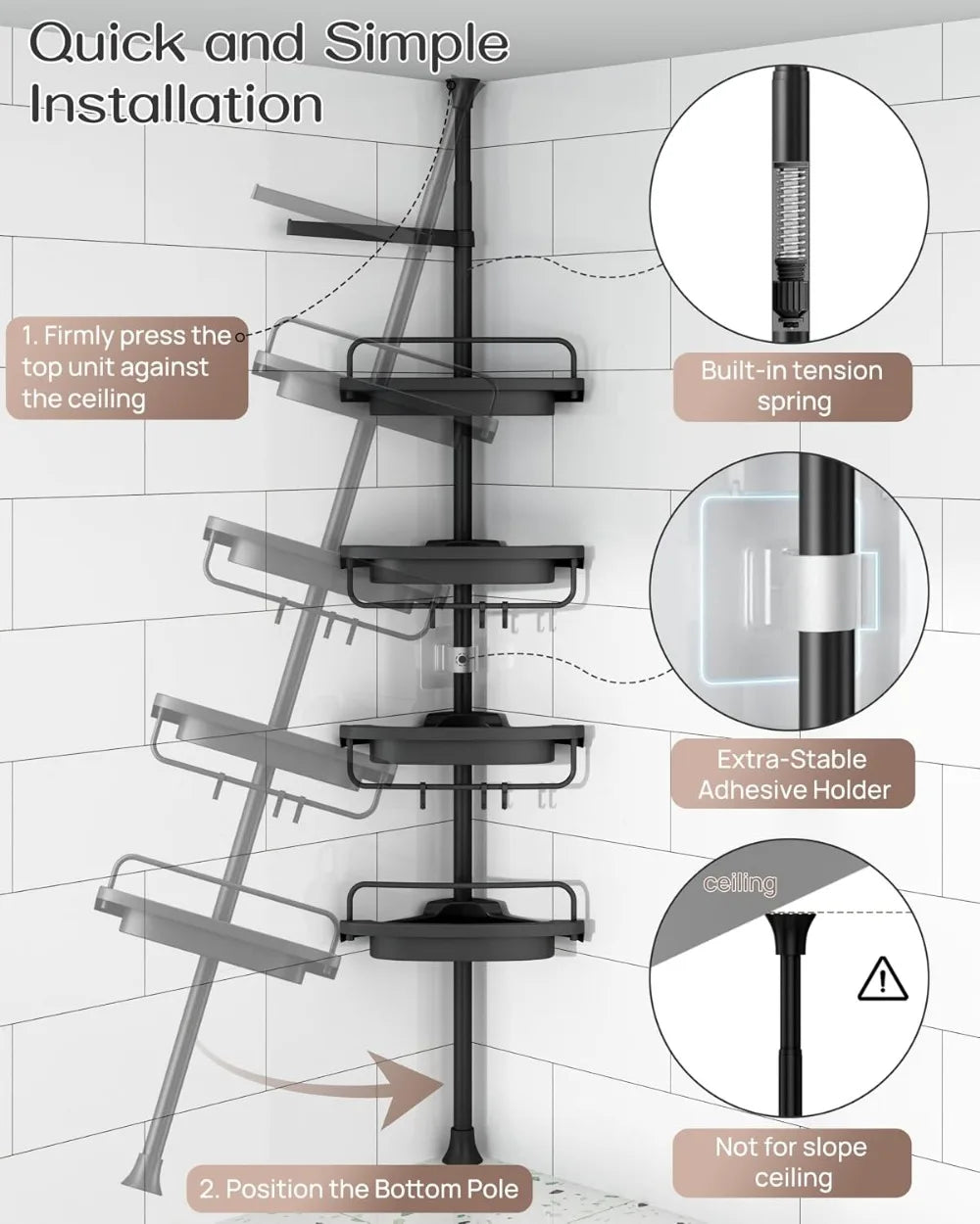 Corner Shower Caddy Tension Pole, 34-116 Inches, Rustproof Stainless Steel & 4-Tier Adjustable Shelves, Black