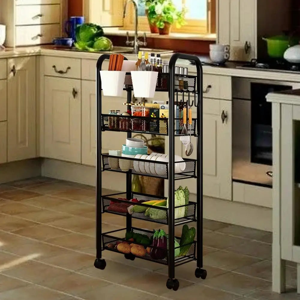 Fruit and vegetable storage basket, 5-layer stackable metal mesh storage basket with wheels, used in kitchen and living room