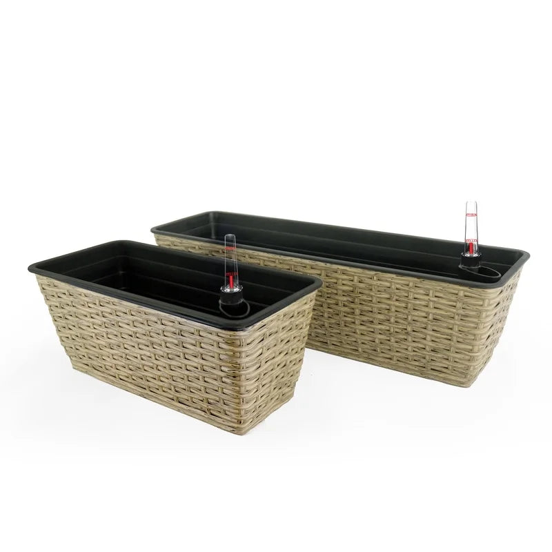 Smart Self-Watering Rectangle Planter 2-Pack, Handwoven Wicker, Brown, Indoor Outdoor Use
